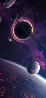 Space scene with planets and black hole in purple hues.