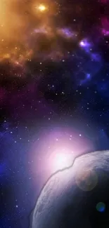 Vibrant cosmic galaxy wallpaper with planets and stars in deep space.