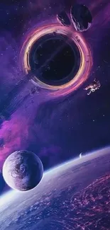 Space wallpaper with galaxy and planets in vibrant purple tones.