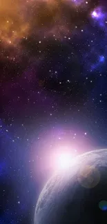 Vibrant cosmic space wallpaper featuring a planet and stars.