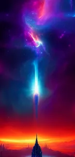 Futuristic spaceship launching into a vibrant cosmic nebula.