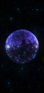 Purple cosmic sphere with starry galaxy background.