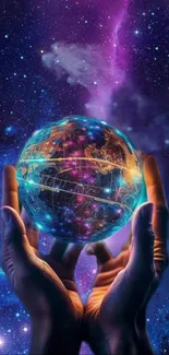 Hands holding a glowing sphere with a cosmic background.