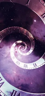 Spiral clock design with Roman numerals against a cosmic, dark purple galaxy backdrop.