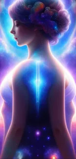 Serene figure with cosmic and nebula background, representing universal energy.