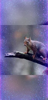 Squirrel on branch with cosmic lavender glow.