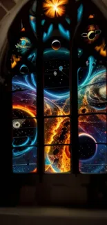 Cosmic stained glass depicting planets and galaxies in vibrant colors.