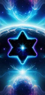 Cosmic neon star with blue space background, featuring a vibrant galaxy scene.