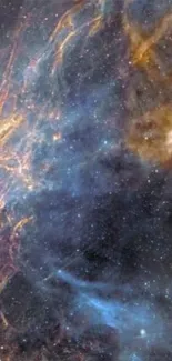 Cosmic starfield wallpaper with blue nebula and glowing stars.