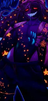 Cosmic character with glowing stars on a vibrant galaxy background.