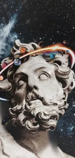 Greek statue with planets art wallpaper.