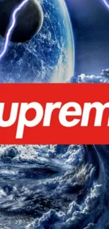 Supreme cosmic storm wallpaper with a dark blue planet and lightning.