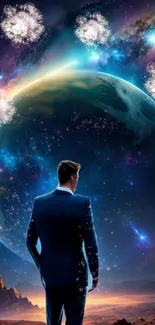 Man in a suit gazing at Earth in a cosmic galaxy scene.