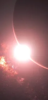 A mesmerizing cosmic sunrise with planets and a galaxy in view.