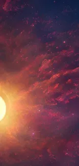 Cosmic sunrise with nebula and sun in dark red space.