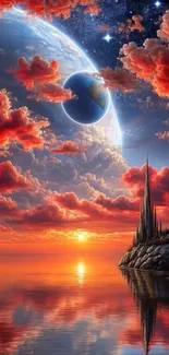 Fantasy art depicting a cosmic sunset with vibrant clouds and serene water.