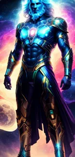 Cosmic superhero with glowing aura in vibrant fantasy setting.