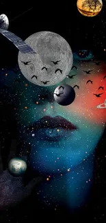 Surreal cosmic face with planets and stars in a dark universe theme.