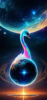 Cosmic swan surrounded by stars and planet in fantasy art wallpaper.