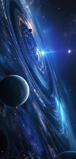 Stunning cosmic swirl with planets and stars in deep space.