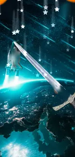 Sword and spaceship in cosmic teal space with stars.