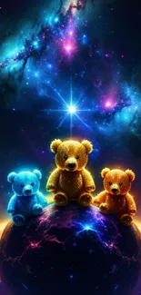 Three teddy bears on a cosmic planet with vibrant galaxy stars.