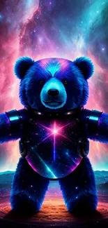 A cosmic-themed teddy bear in a vibrant galaxy background.