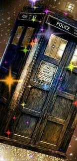 Blue police box soaring through space with stars and cosmic background.