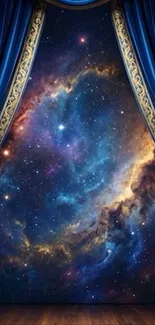 Galaxy scene with blue theater curtains on mobile wallpaper.