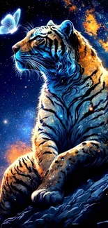 Cosmic tiger with butterfly under a starry sky.