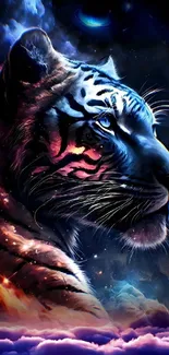 A majestic cosmic tiger with vibrant colors in a galaxy-themed artwork.