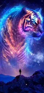 Majestic cosmic tiger with vibrant colors and a starry night sky background.