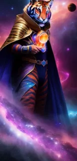 A cosmic tiger in vibrant space attire surrounded by a mystical galaxy.