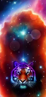 A tiger surrounded by cosmic and galaxy backgrounds, emanating vibrant colors.