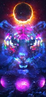 Colorful cosmic tiger artwork with neon hues against a starry background.