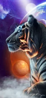 Tiger in space with galaxy background and planets.