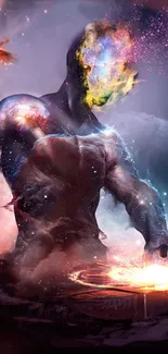 Mystical Titan with galaxy head in a cosmic scene.