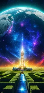 Cosmic tower above maze with Earth glowing.