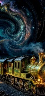 A steam train travels through a colorful galaxy under a starry sky.