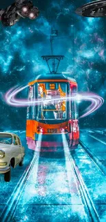 Surreal cosmic scene with tram, UFOs, and vintage cars.