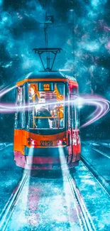 A glowing tram travels through a cosmic landscape in a surreal wallpaper scene.