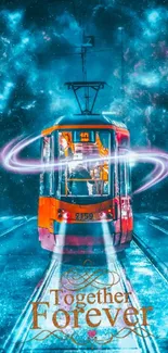 Cosmic tram with a couple under an umbrella in a galaxy-themed scene.