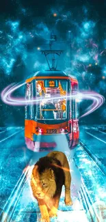 Cosmic tram with glowing lion on a starry night background for mobile wallpaper.