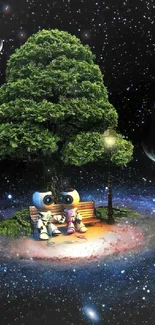 Robots beneath a cosmic tree, surrounded by stars.