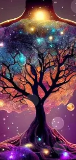 Cosmic tree against a galaxy backdrop with vibrant stars and nebulae.