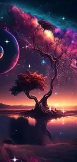 Fantasy cosmic tree with nebula and stars in galaxy.