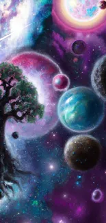 Cosmic tree and planets in vibrant galaxy-themed wallpaper.