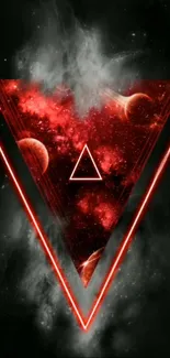 Abstract red triangle space art with planets and nebula effects