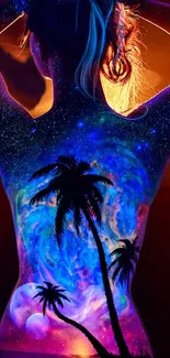 Vibrant cosmic body art with palm silhouette in neon colors.