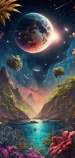 Cosmic tropical wallpaper with vibrant flora and a celestial night sky.